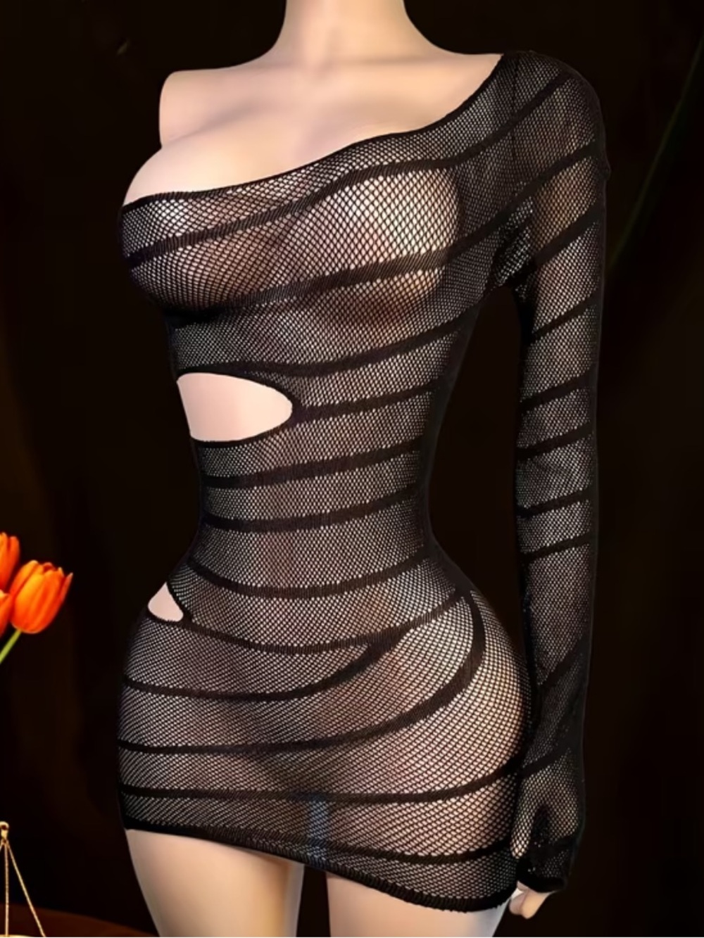 Black, One-Shoulder, Long Sleeve, Mesh, Lingerie Bodysuit
